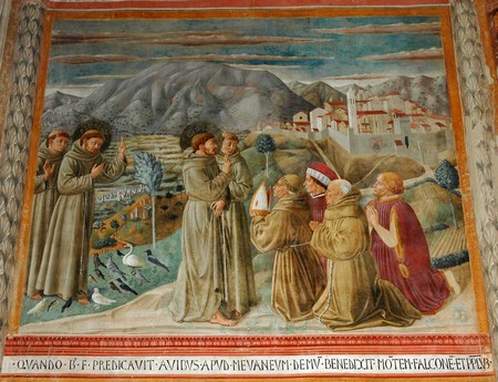 Montefalco, Chiesa di San Francesco, Predica agli uccelli e San Francesco benedice il popolo di Montefalco.