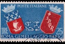 Parigi-Roma 2014: rilancio del gemellaggio esclusivo. Eventi culturali nelle 2 capitali. francobollo della Repubblica italiana, emesso nel 1959 in occasione del III anniversario del Gemellaggio Roma-Parigi