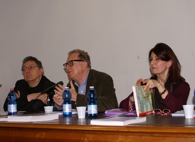 Floriana Calitti, avec Valerio Magrelli et l'acteur Sandro Lombardi, Rome avril 2015. Présentation de la Vita dei testi